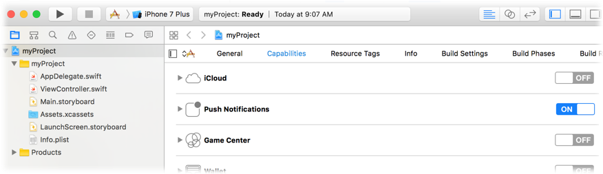 Image of turning on Push Notifications capabilities in Xcode